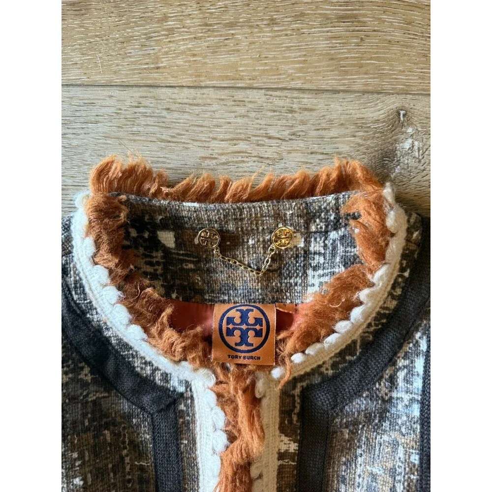 Tory Burch Tweed Jacket Fringe Multicolor Trim Chain Closure Clip Size 0
